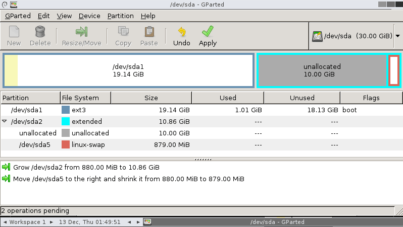 Use GParted to increase disk size of a Linux native partition 15