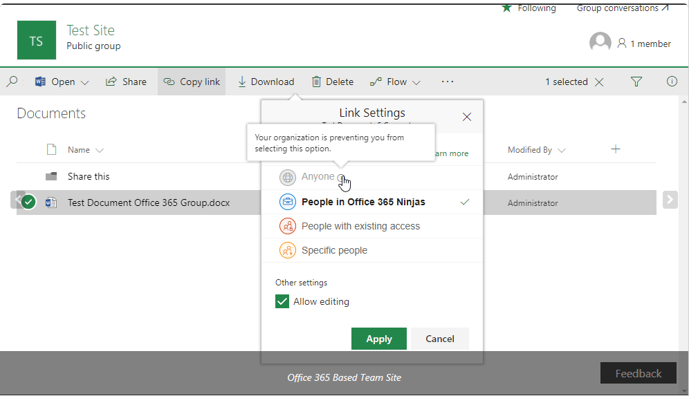 Enable External Anonymous Sharing in Sharepoint Online for Office 365 Group or Team