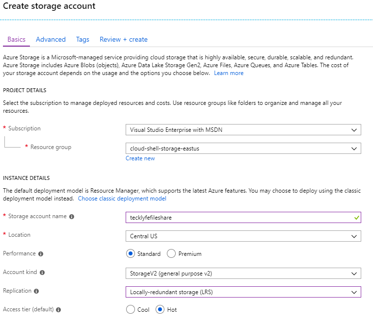 Azure File Share Create Storage Account