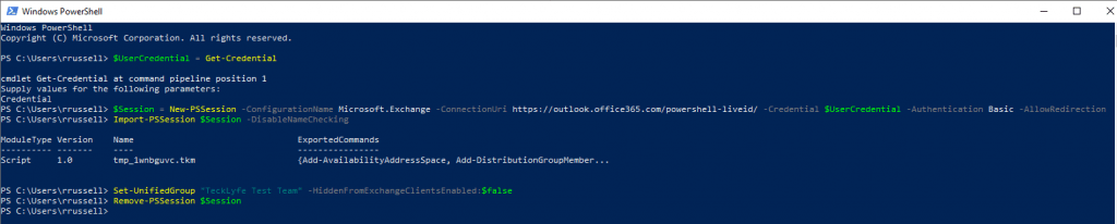 Exchange Online Powershell Hidden Team Group
