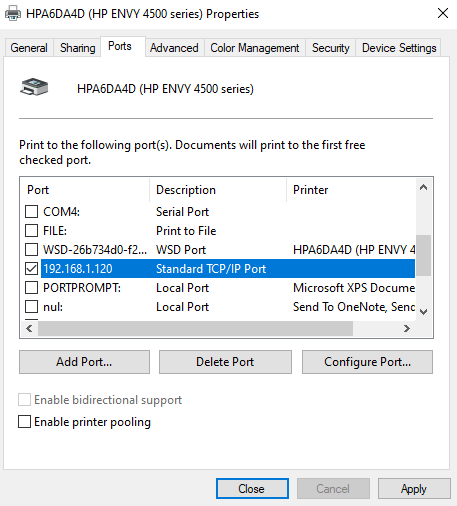 TCP/IP Printer Port