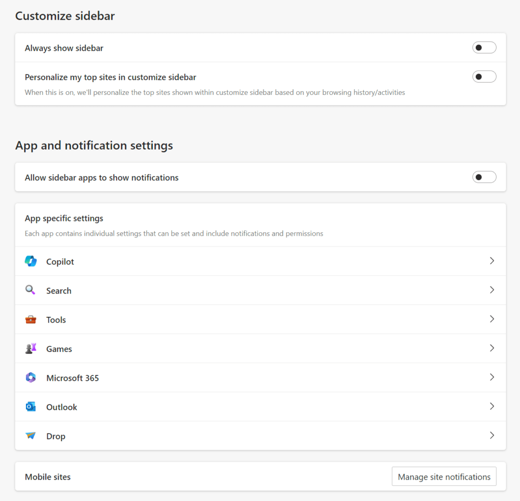 Microsoft Edge Sidebar Settings