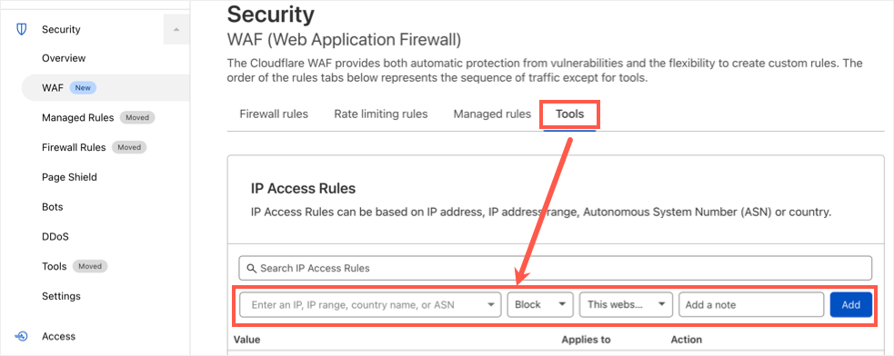 Add Server IP to Cloudflare WAF